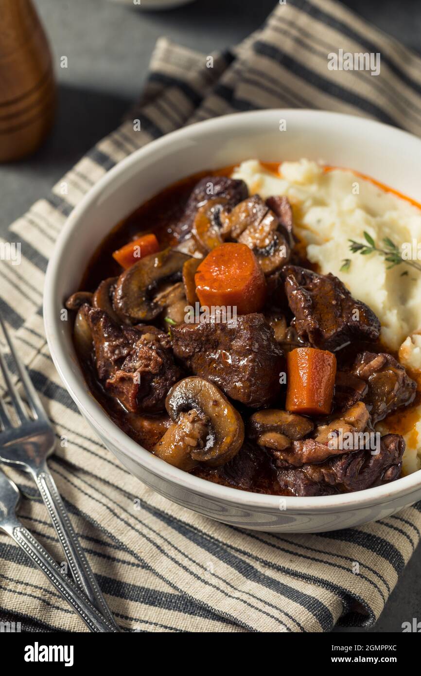 Homemade French Beef Bourguignon Stew with Mashed Potatoes Stock Photo