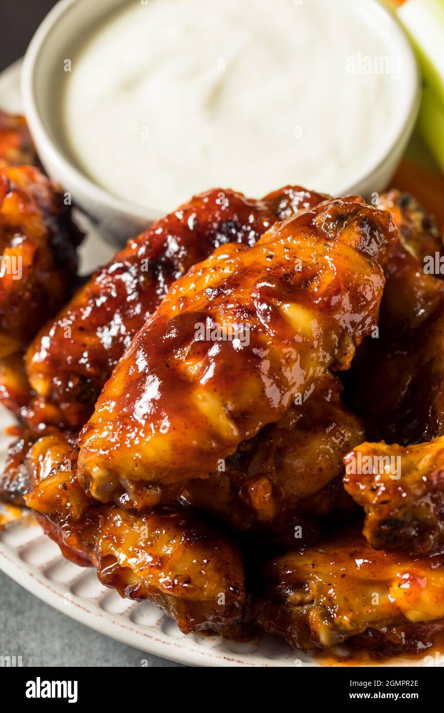 Homemade Honey BBQ Chicken Wings with Blue Cheese Dip Stock Photo Alamy