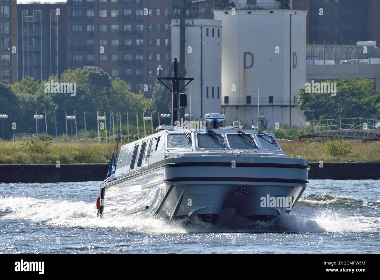 Royal Navy Officer Training Boat OTB-08 undertaking a demonstration in Royal Victoria Dock in London as part of DSEI 2021 event Stock Photo