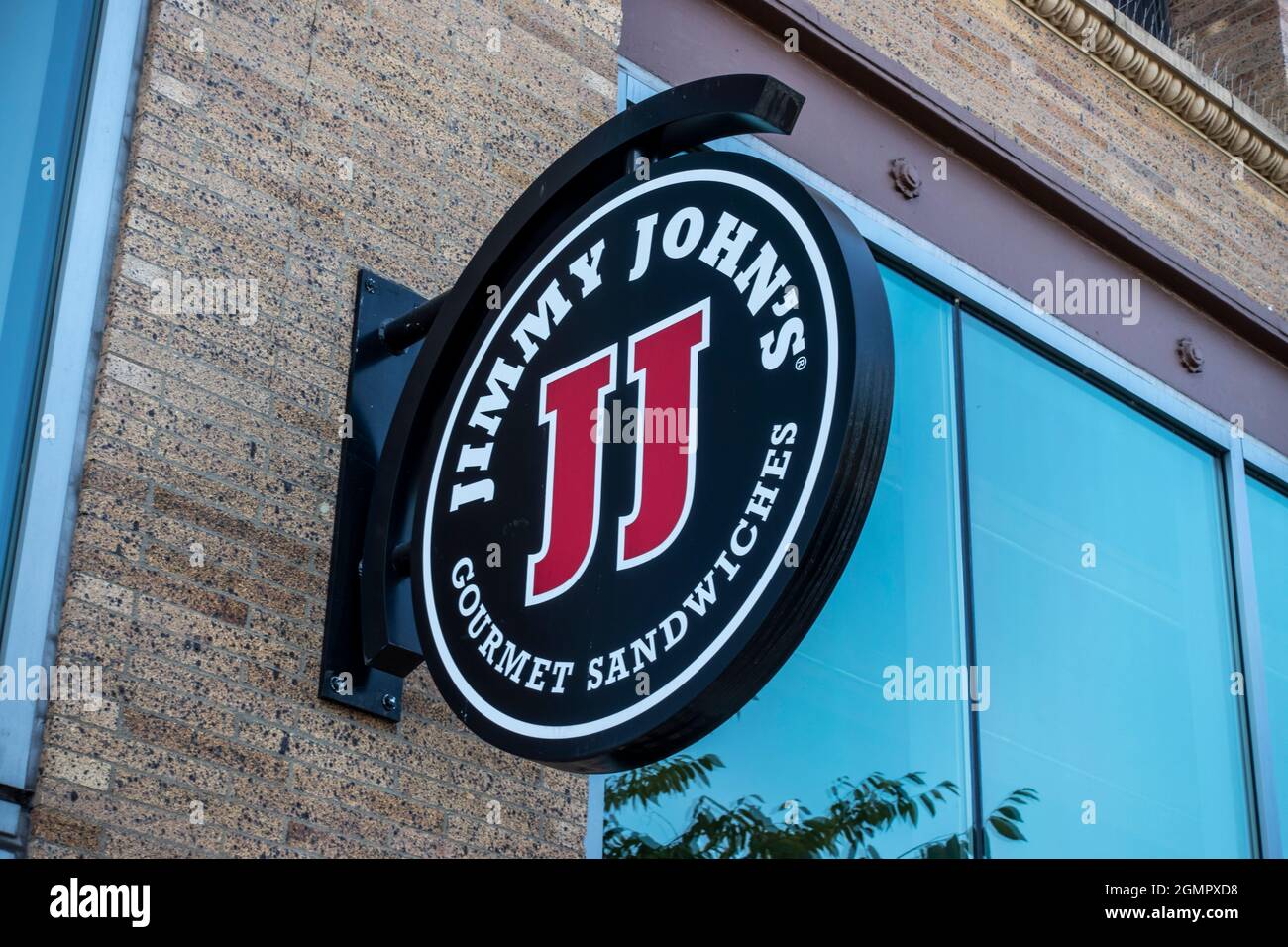 Tacoma, WA USA - circa August 2021: Low angle view of a Jimmy John's gourmet sandwich shop sign. Stock Photo