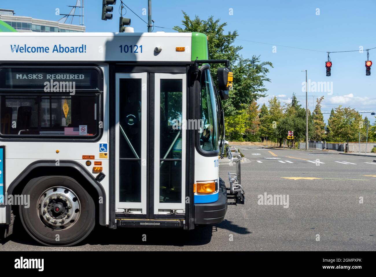 Tacoma, WA USA - circa August 2021: Street view of a Pierce Transit metro bus making its route downtown, heading toward Federal Way. Stock Photo