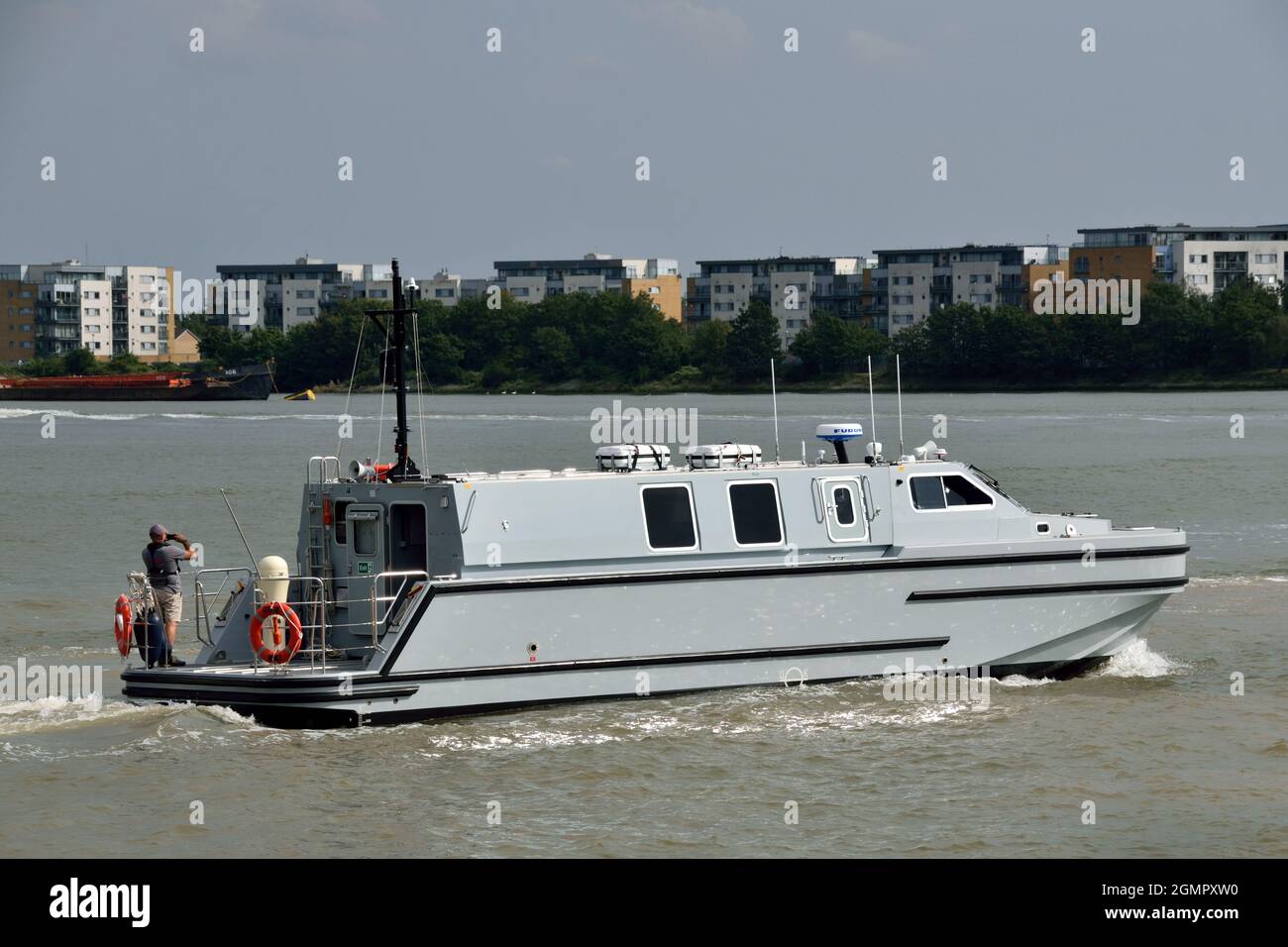 Royal Navy Officer Training Boat OTB-08 leaving London's Royal Docks after taking part in DSEI 2021 event Stock Photo