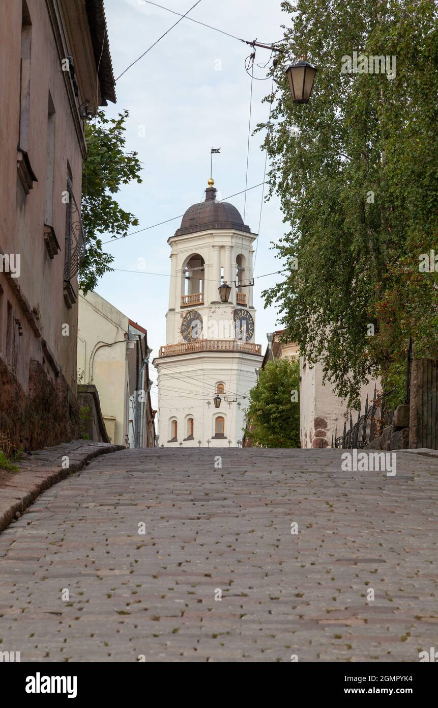 Clock tower, Vodnoy Zastavy street, Vyborg,  Leningrad Oblast, Russia. Stock Photo