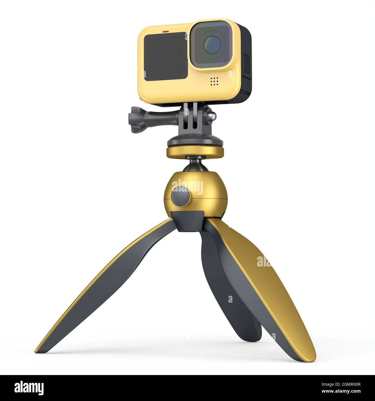 Photo and video lightweight yellow action camera with mini tripod on white  background. 3D rendering of professional photography equipment for sportsme  Stock Photo - Alamy