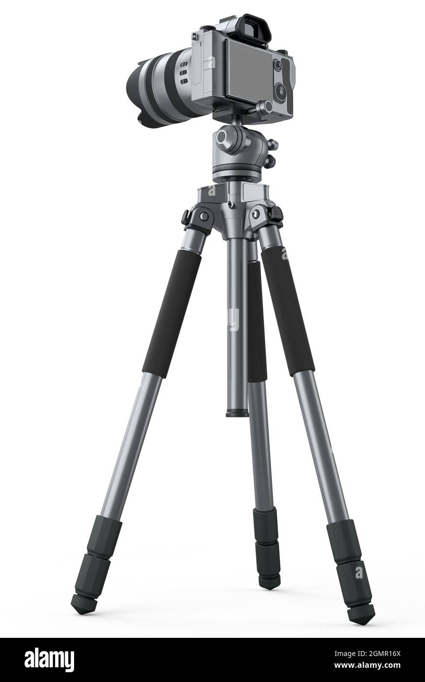 Photo and video tripod with nonexistent DSLR camera on isolated on white  background. 3D rendering and illustration of professional photography  equipme Stock Photo - Alamy