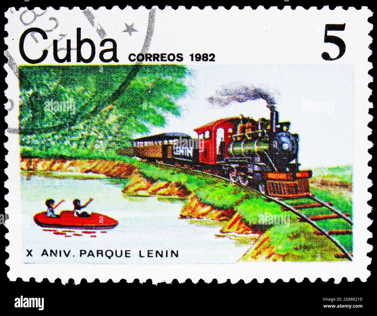 MOSCOW, RUSSIA - JULY 31, 2021: Postage stamp printed in Cuba shows Steam locomotive (1917) and boating lake, 10th Anniversary of Lenin Park in Havana Stock Photo