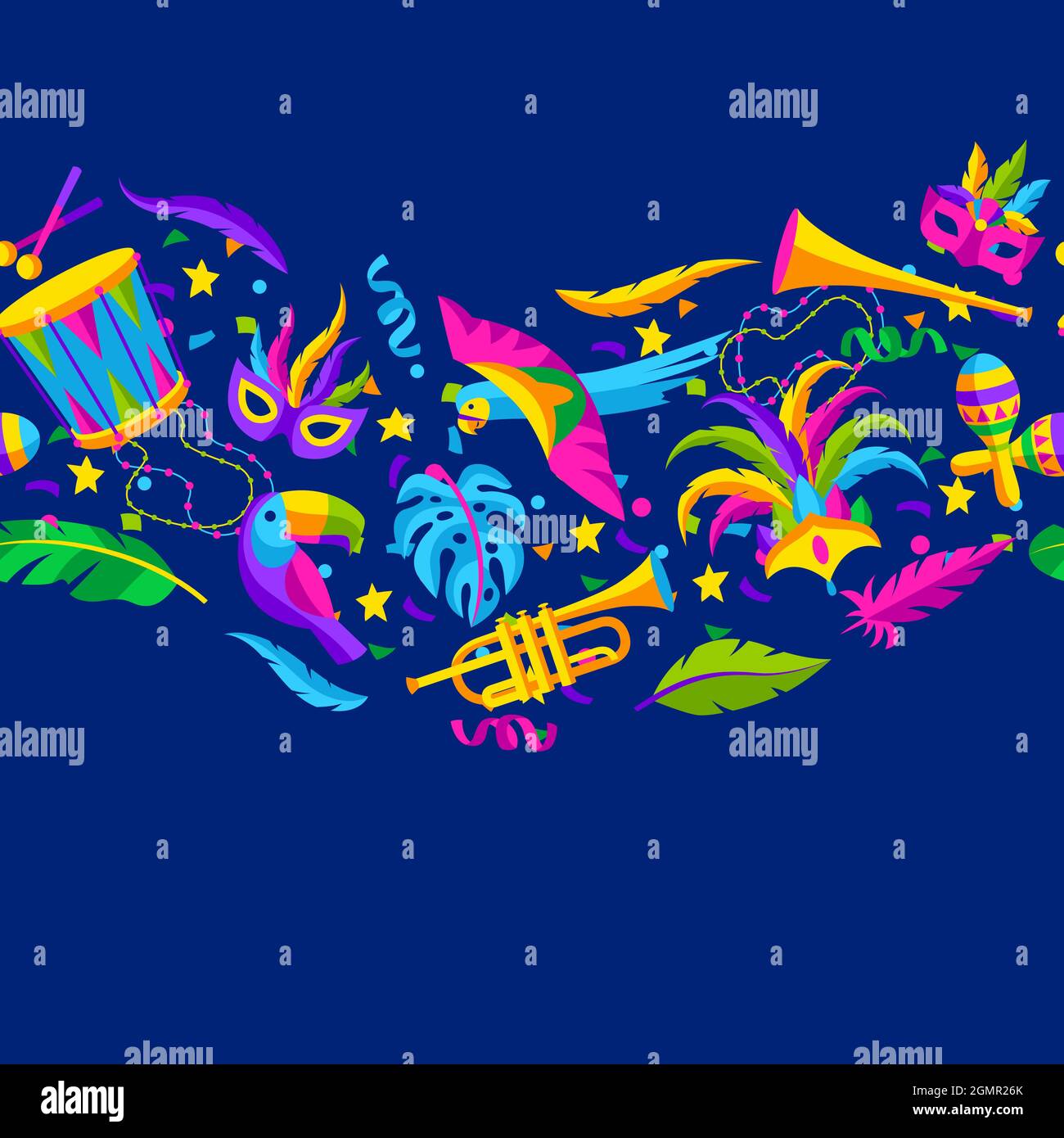 Carnival party seamless pattern with celebration icons, objects and decor. Mardi Gras background for traditional holiday. Stock Vector
