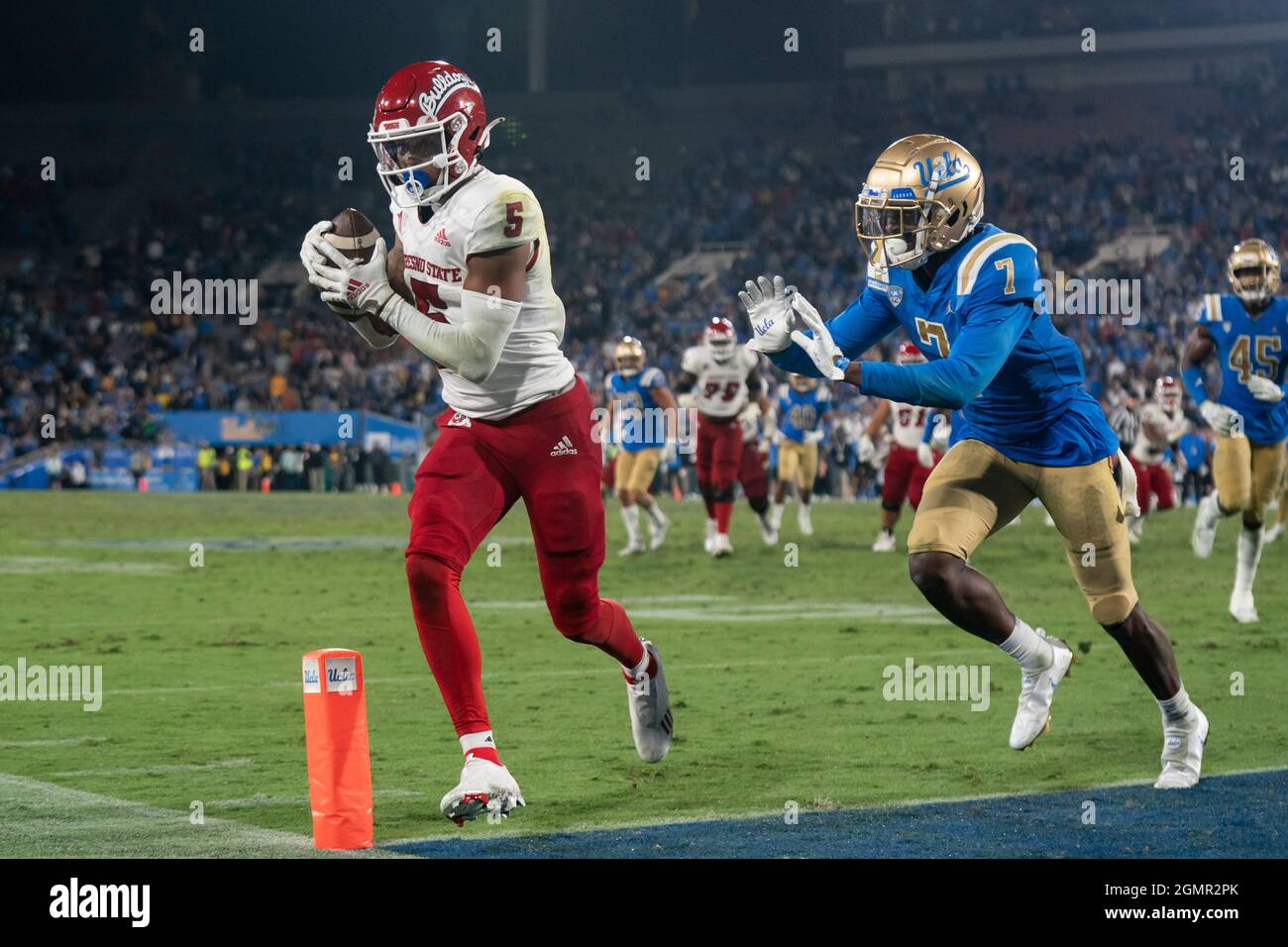 Fresno State Bulldogs Wide Receiver Jalen Cropper 5 Beats Ucla Bruins Defensive Back Mo Osling Iii 7 For The Winning Score During A Ncaa Football Game Saturday Sept 18 2021 In Pasadena