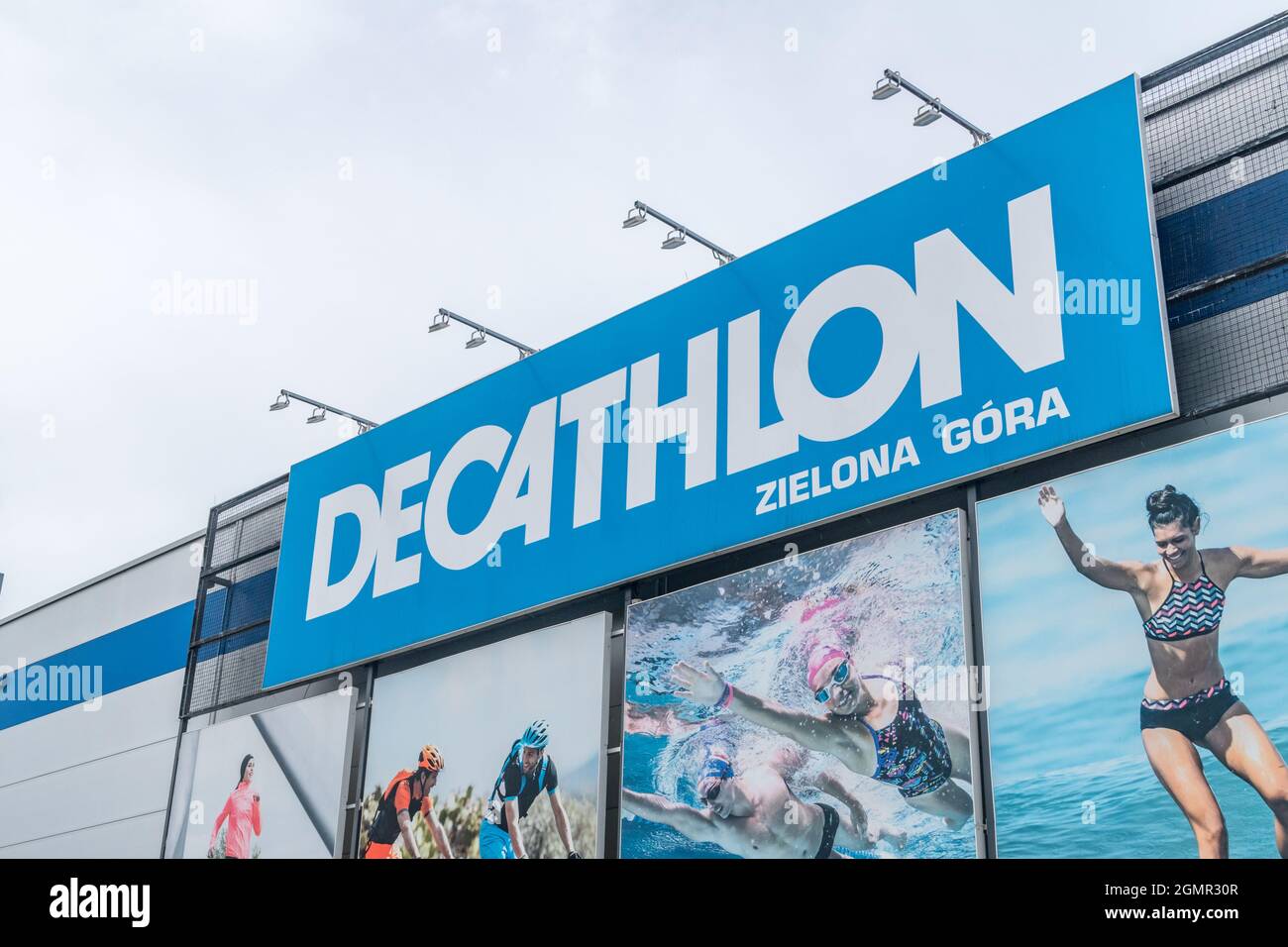 Zielona Gora, Poland - June 1, 2021: Decathlon store sign hanging on a building in Zielona Gora. Stock Photo