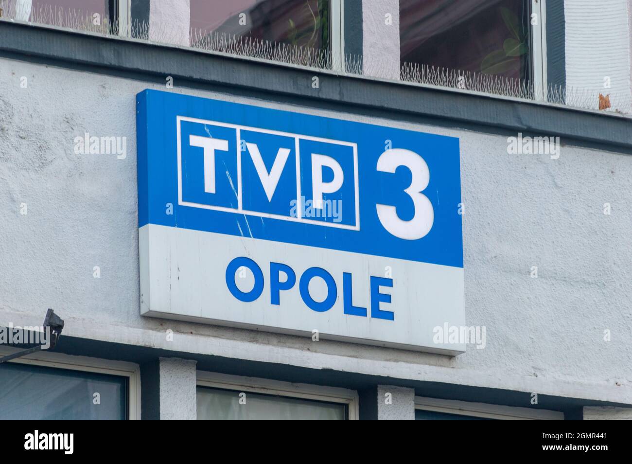 Opole, Poland - June 4, 2021: Logo and sign of TVP 3 Opole. TVP3 (formerly TVP Regionalna, known also as Regionalna Trojka or Program 3 Telewizji Pols Stock Photo