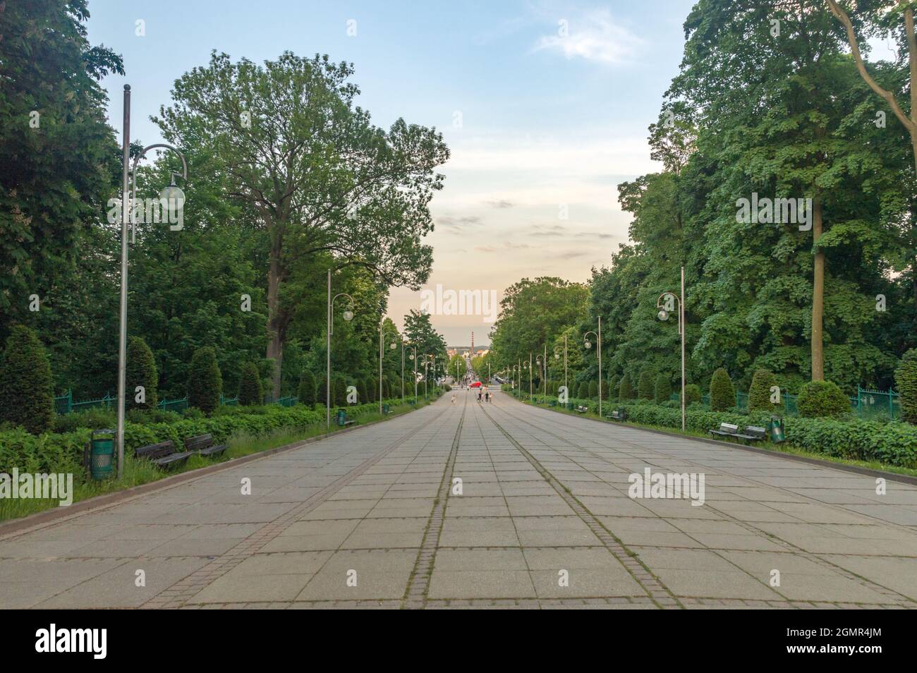 Sunset view on Holy Virgin Mary Avenue at Czestochowa, Poland. Stock Photo