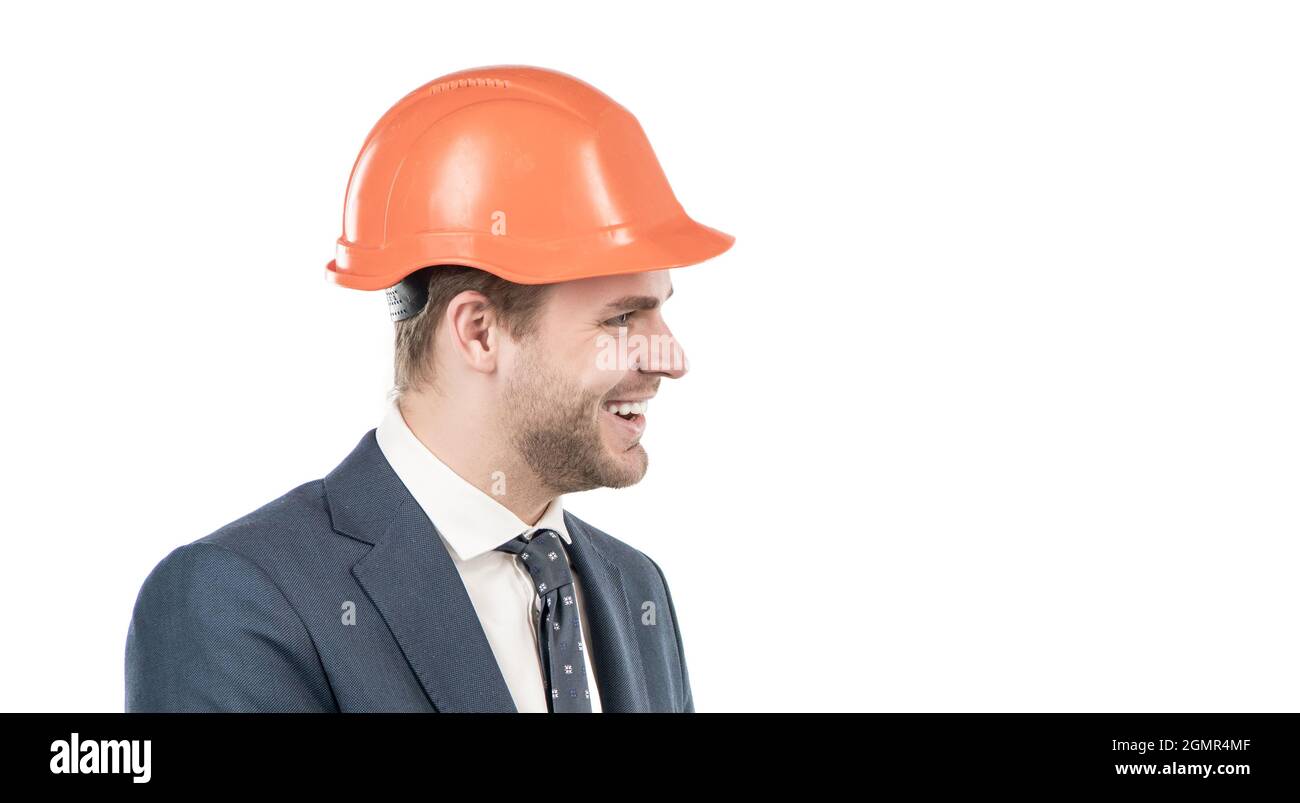 Its all about engineering. Happy engineer in hardhat. Building expert side-face. Civil engineering Stock Photo