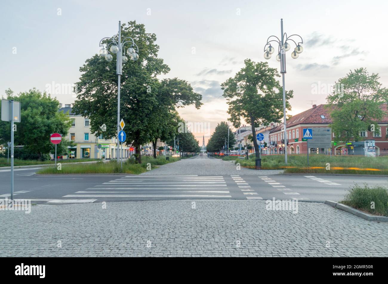 Czestochowa, Poland - June 6, 2021: Sunset view on Holy Virgin Mary Avenue, representative main alley (avenue). Stock Photo