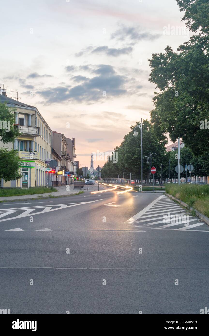 Czestochowa, Poland - June 6, 2021: Sunset street view on Holy Virgin Mary Avenue, representative main alley (avenue). Stock Photo