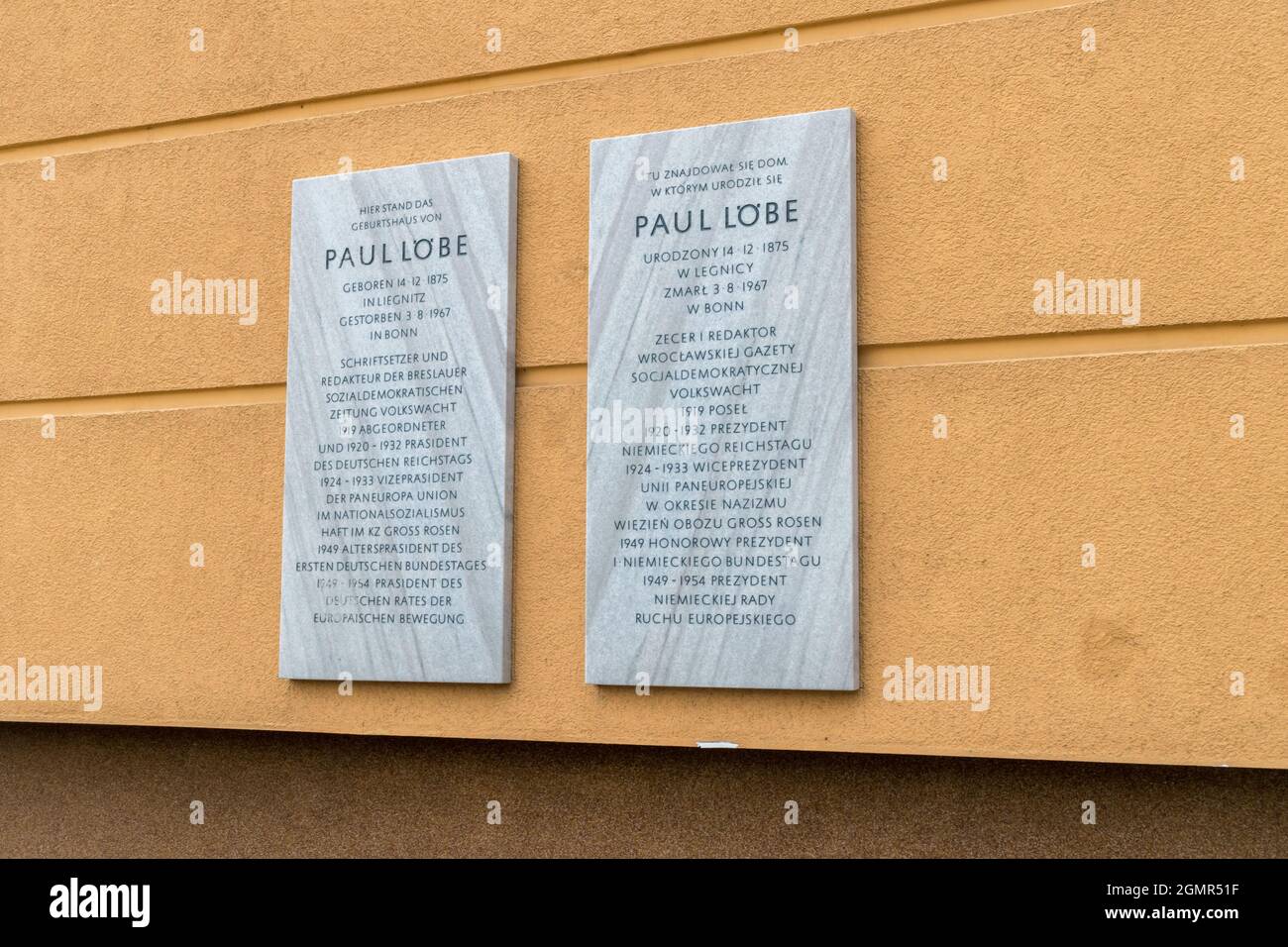 Legnica, Poland - June 1, 2021: Plaques informing about the birthplace of Paul Lobe. Stock Photo