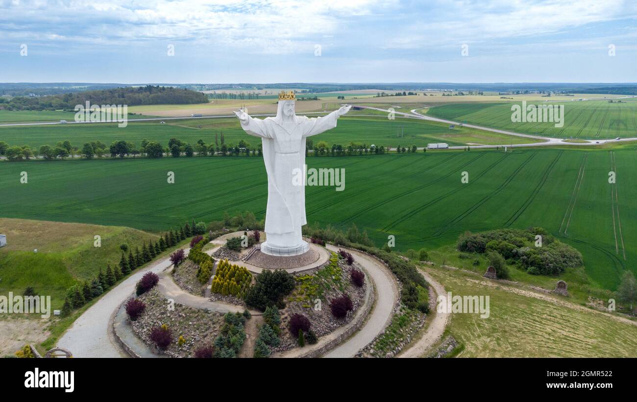 Swiebodzin, Poland - June 1, 2021: Aerial view of statue of Christ the King. The tallest Christ statue in the world. Stock Photo