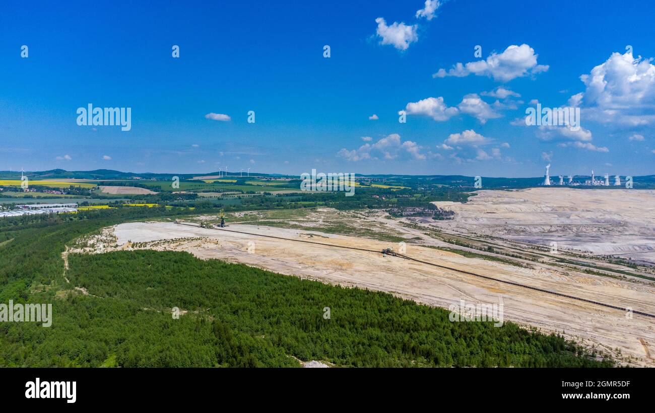 Aerial view of brown coal opencast mine and Turow power plant near Bogatynia in Poland. Stock Photo