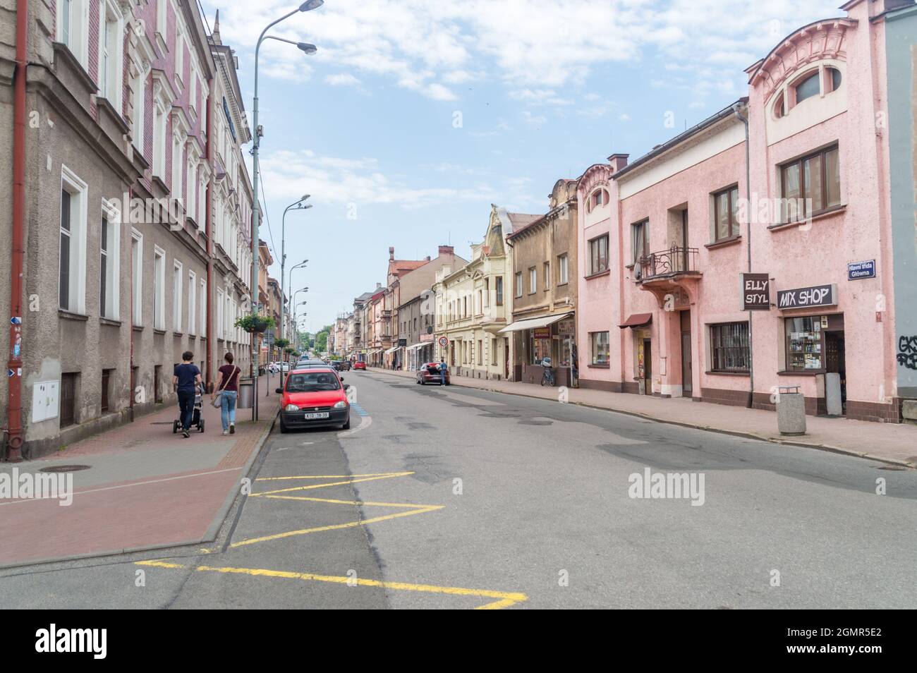 Cesky Tesin, Czech Republic - June 5, 2021: Hlavni street in city center of Cesky Tesin. Stock Photo