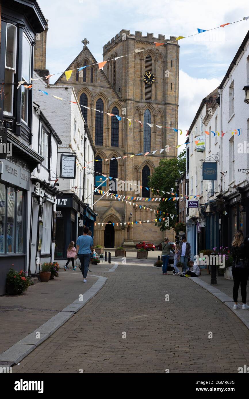 Street view of Ripon with Ripon Cathedral In background. Stock Photo