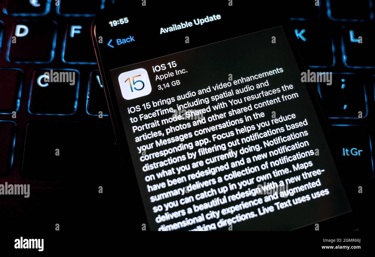 Vienna Austria September 20 2021:iPhone 12 with iOS 15 update screen close up, new operating system for iPhone devices Stock Photo