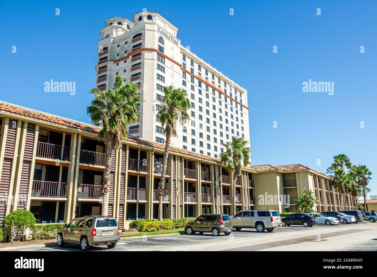 Orlando Florida,Doubletree by Hilton Orlando SeaWorld hotel resort property,high rise building tower exterior outside parking lot Stock Photo