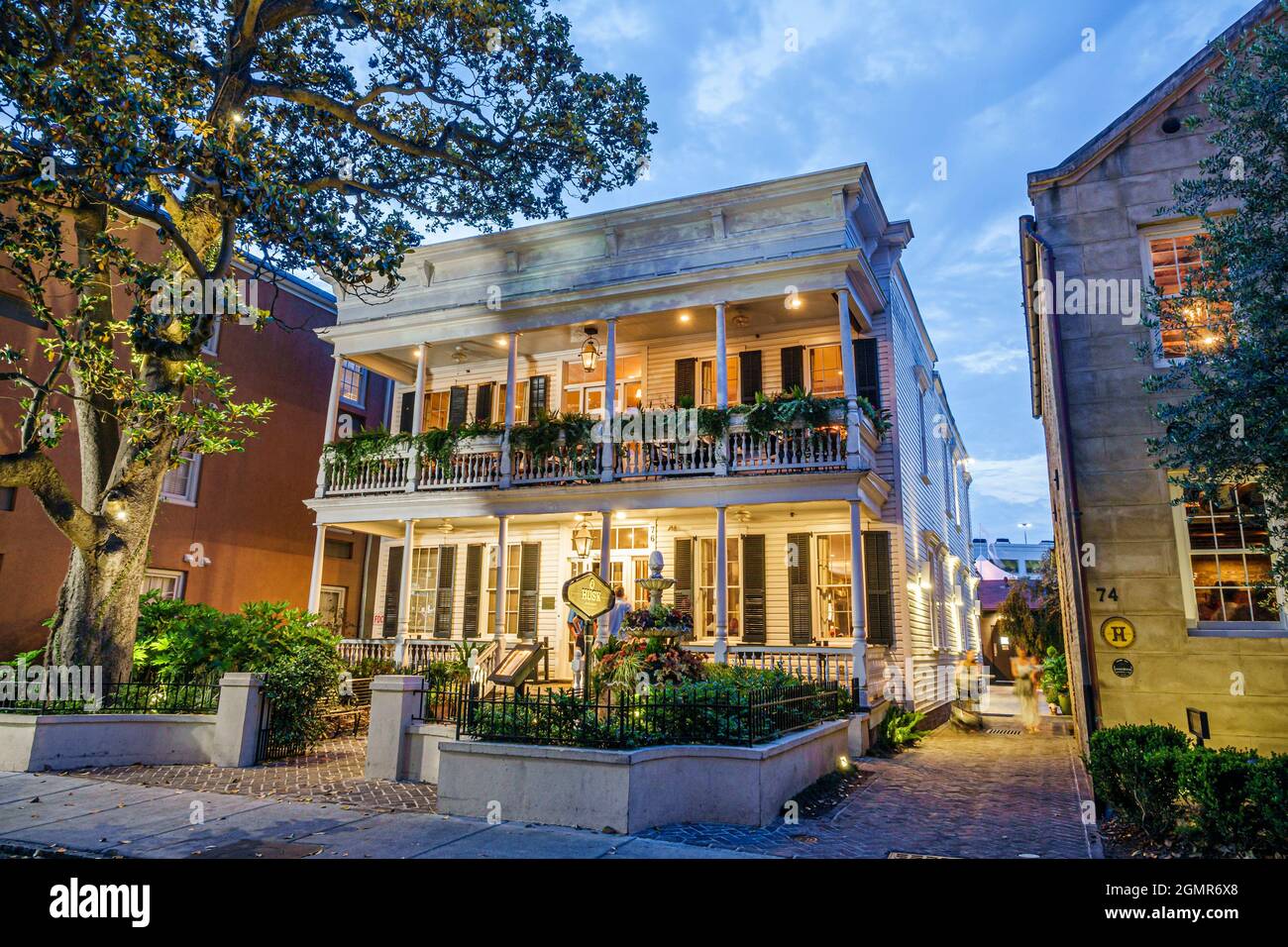 Charleston South Carolina,historic Downtown,Queen Street,Husk restaurant dining night nightlife Stock Photo