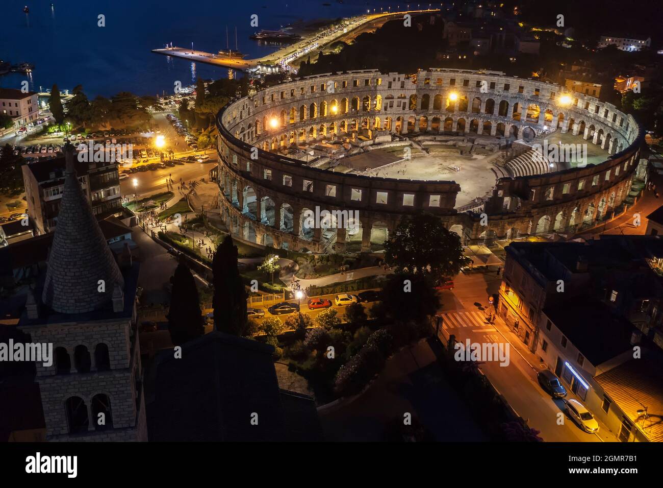 an aerial view of Pula aphitheatre by night, Istria, Croatia Stock Photo