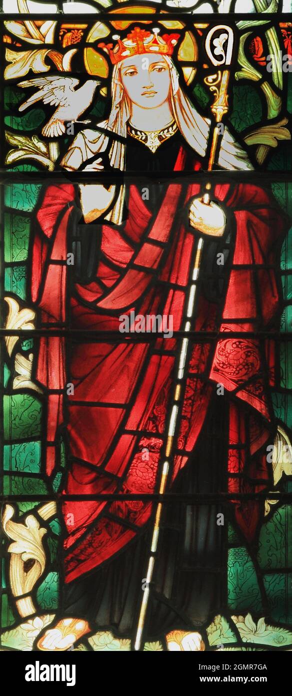 St Bridget of Sweden, 14th century Saint, founder of Order of Bridgettines, stained glass window, by J Powell & Son, 1900, Blakeney, Norfolk, England Stock Photo