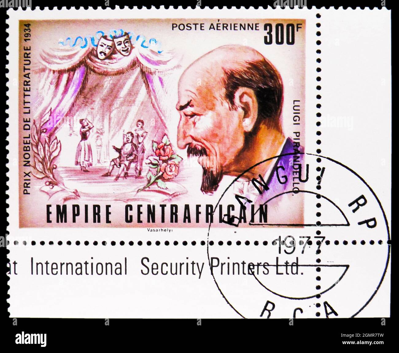 MOSCOW, RUSSIA - JULY 31, 2021: Postage stamp printed in Central African Republic shows Winners of the Nobel Prize for Literature - Luigi Pirandello, Stock Photo