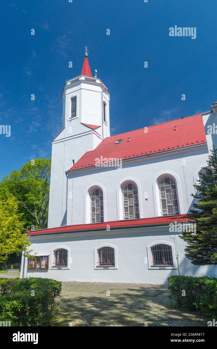 Bogatynia, Poland - June 2, 2021: Church of Saints Peter and Paul (Polish: Kosciol powolania Swietych apostolow Piotra i Pawla). Stock Photo