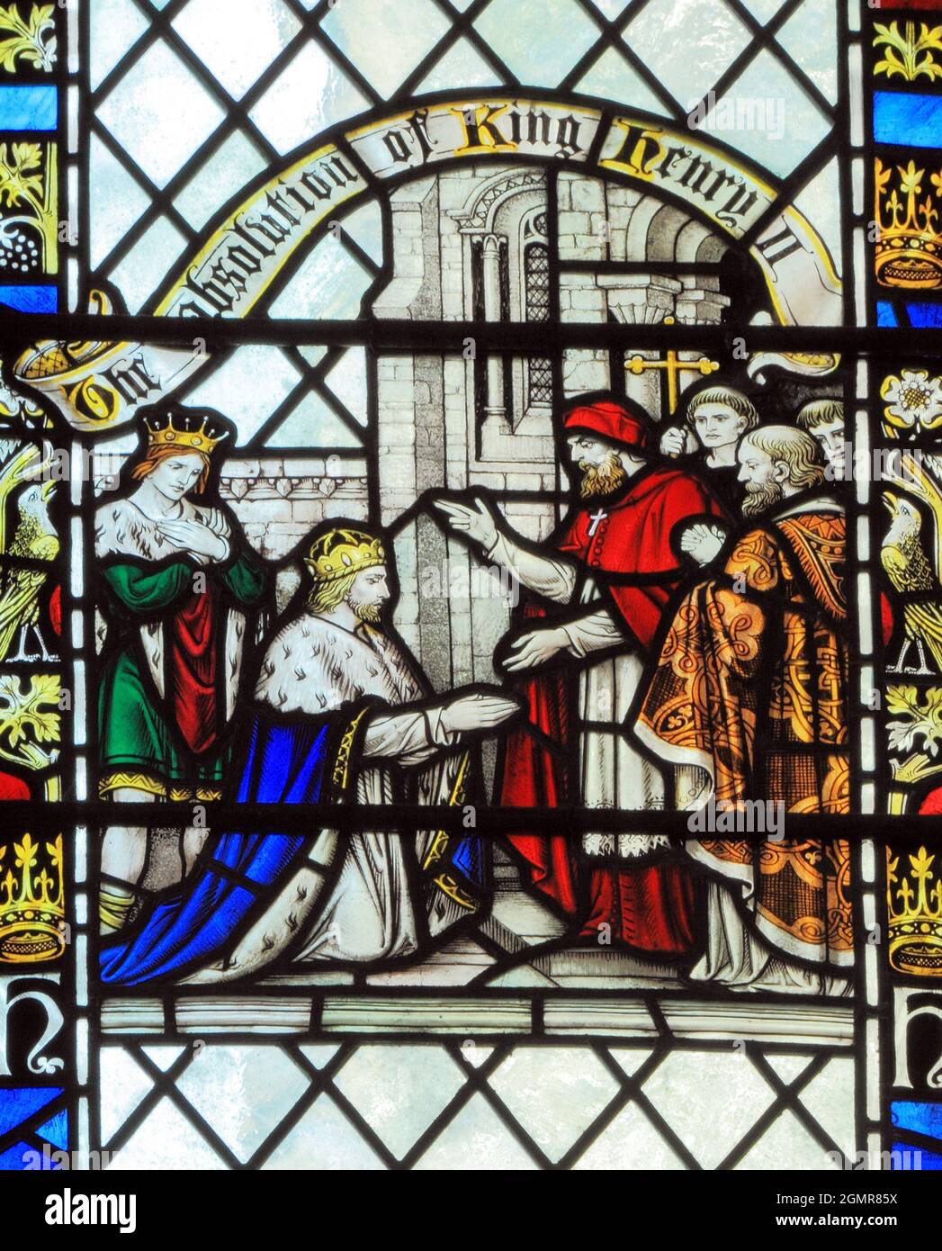 Absolution of King Henry 2nd, after murder of Thomas Becket, stained glass, Blakeney, Norfolk, England Stock Photo