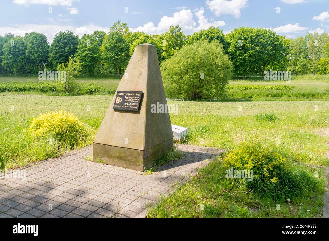 Porajow, Poland - June 2, 2021: Symbol with date join Poland to Europe Union at tripoint of Germany, Czech Republic, and Poland. Border of three count Stock Photo