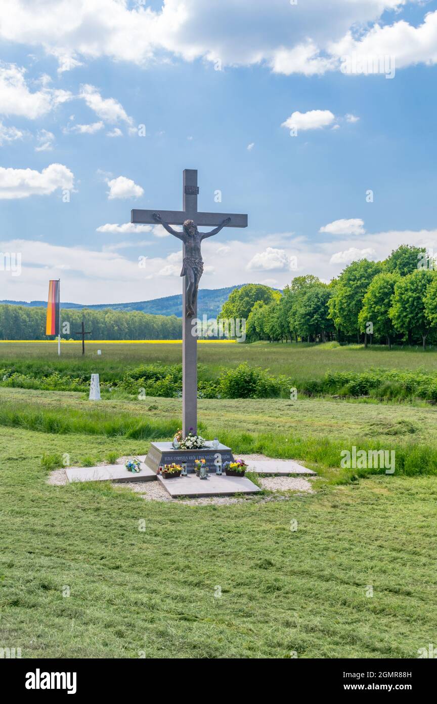 Tripoint of Poland, Czech Republic and Germany borders. Cross on Polish site. Cros with inscription Jesus Christ, king and lord of our history (Polish Stock Photo