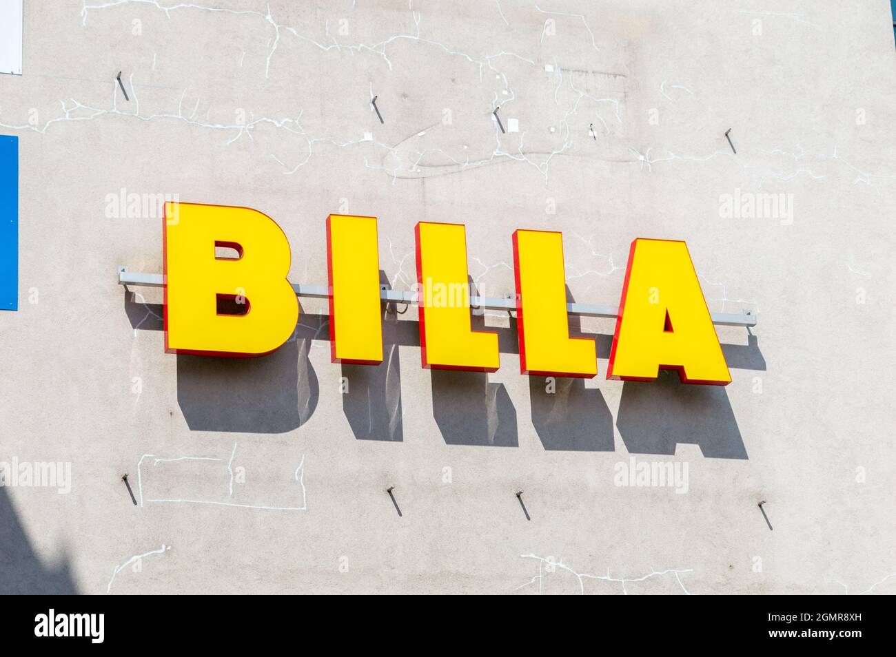 Liberec, Czech Republic - June 2, 2021: Logo and sign of Billa, Austrian supermarket chain that operates in Central, Eastern and Southeastern Europe. Stock Photo