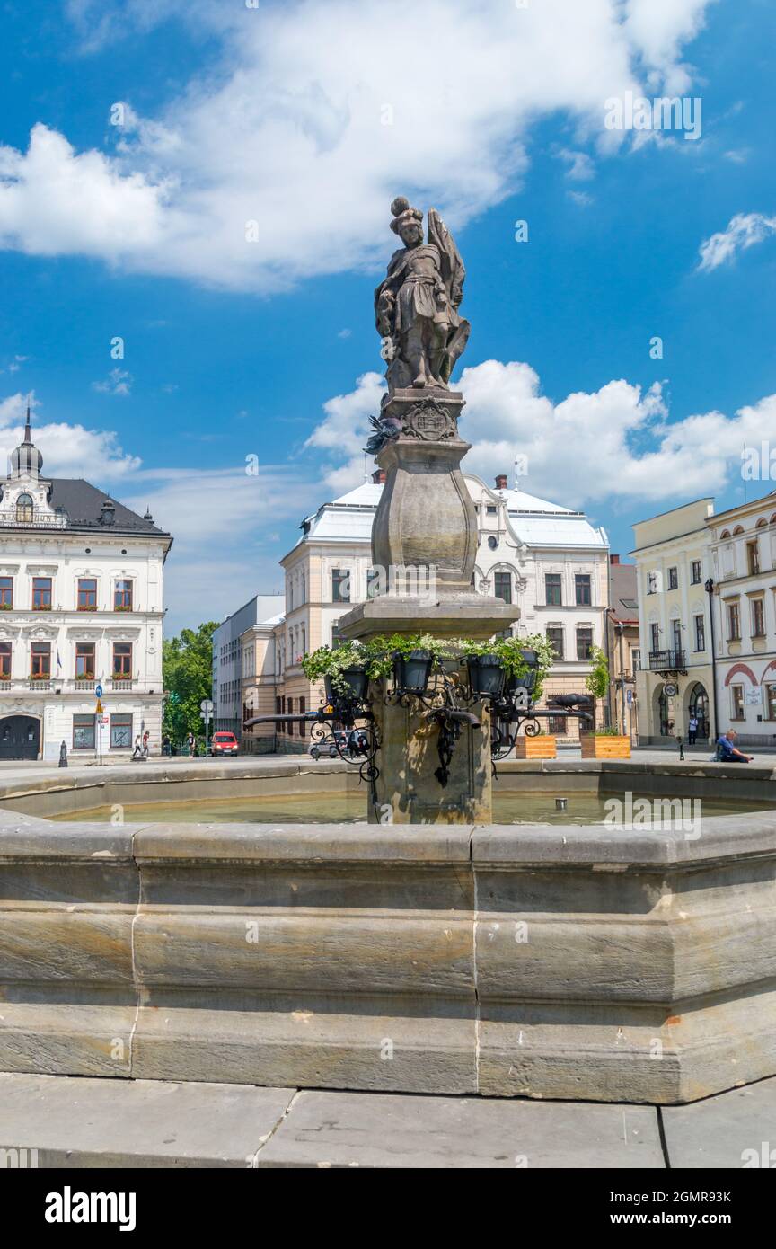 Cieszyn, Poland - June 5, 2021: Water fountain with St. Florian figure. Stock Photo