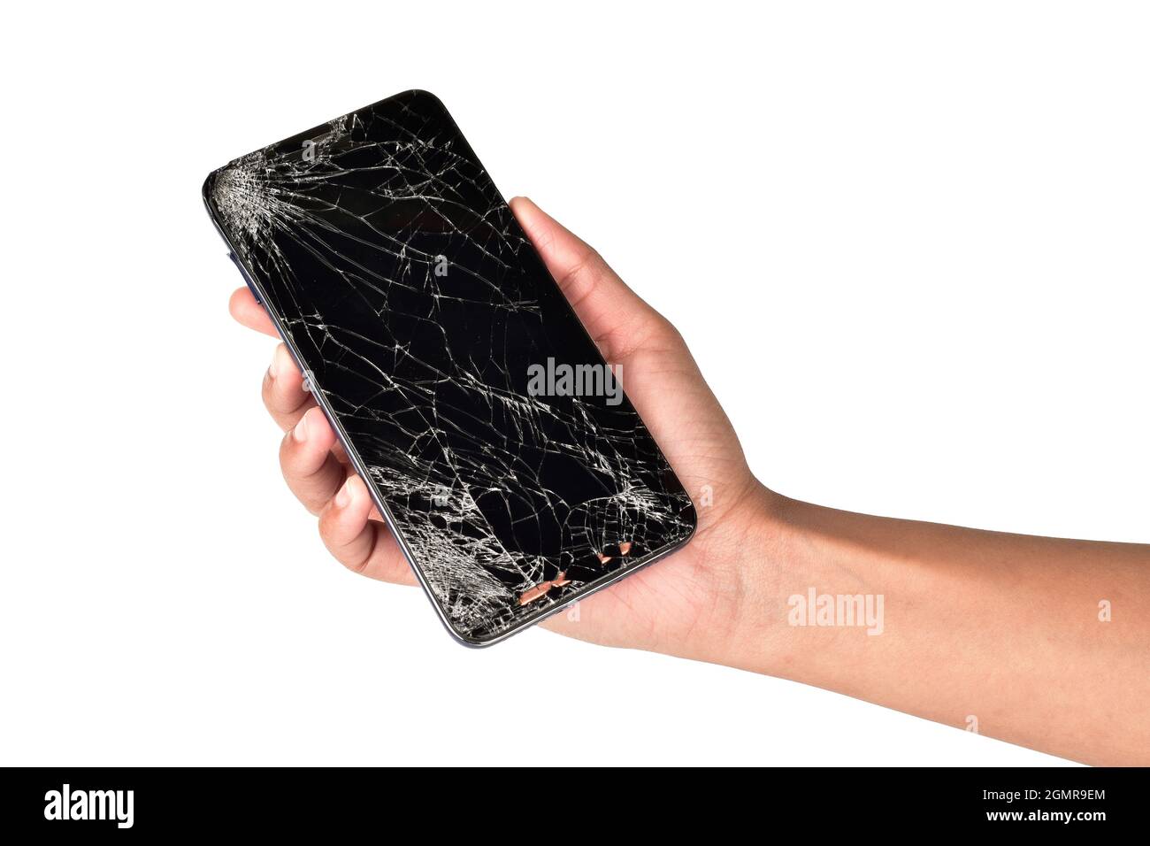 Broken smartphone in hand isolated on white background with clipping path Stock Photo