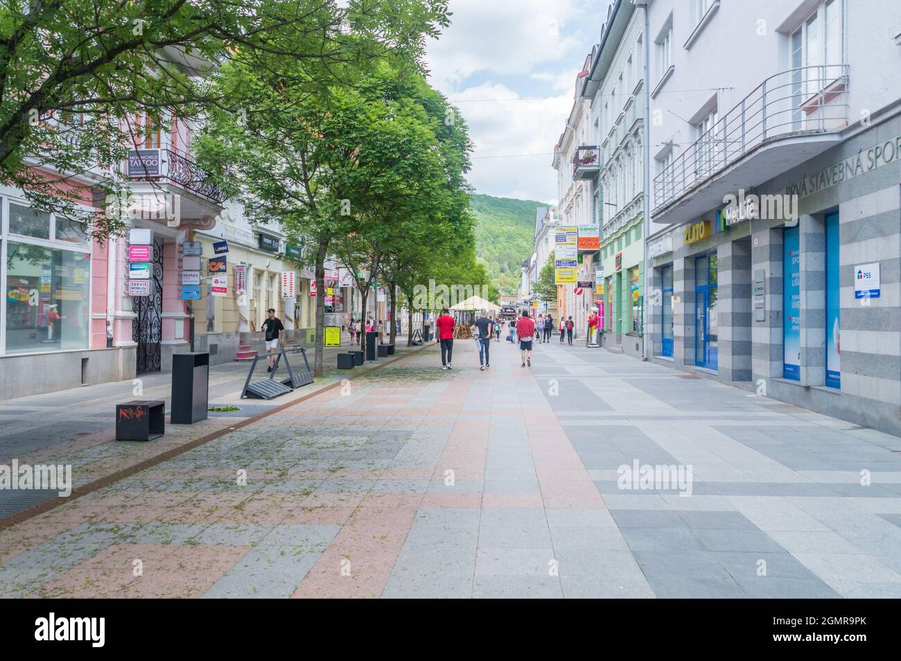 Zilina, Slovakia - June 5, 2021: Narodna street, pedestrian zone in the center of Zilina. Stock Photo