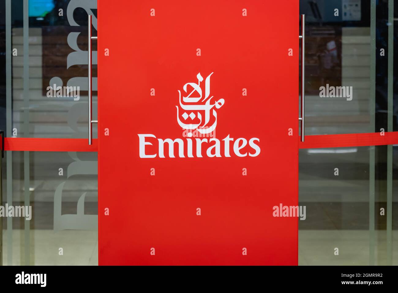 Dubai, UAE September 2021 Emirates Airlines sign and logo in Dubai