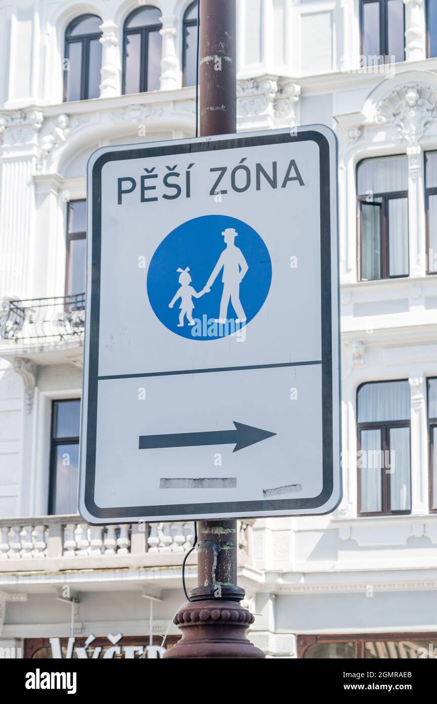 Pedestrian zone (Czech: Pesi zona) sign in Czech Republic. Stock Photo