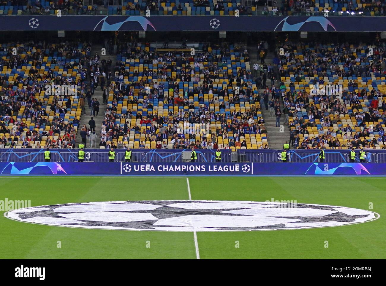 KYIV, UKRAINE - SEPTEMBER 14, 2021: Pitch of NSK Olimpiyskiy stadium with UEFA Champions League official logo in centre circle seen during the UEFA Champions League game Dynamo Kyiv v Benfica Stock Photo