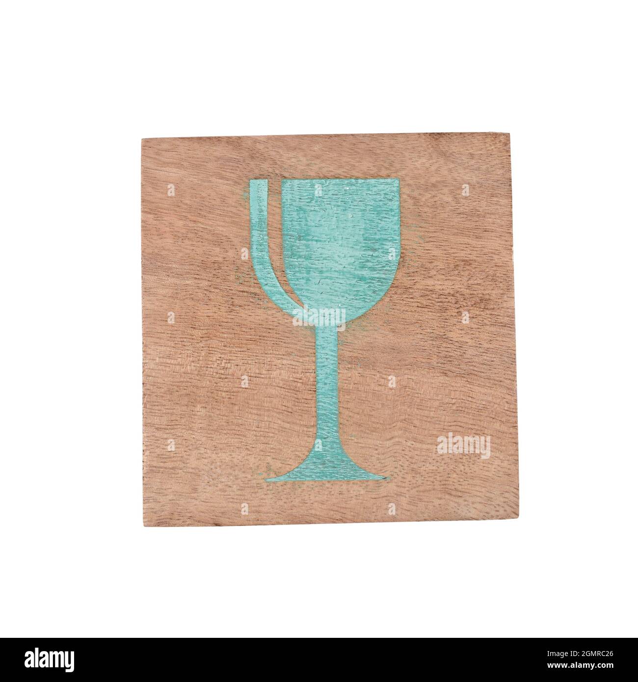 Glass sign printed on wooden coaster isolated on white background with clipping path Stock Photo