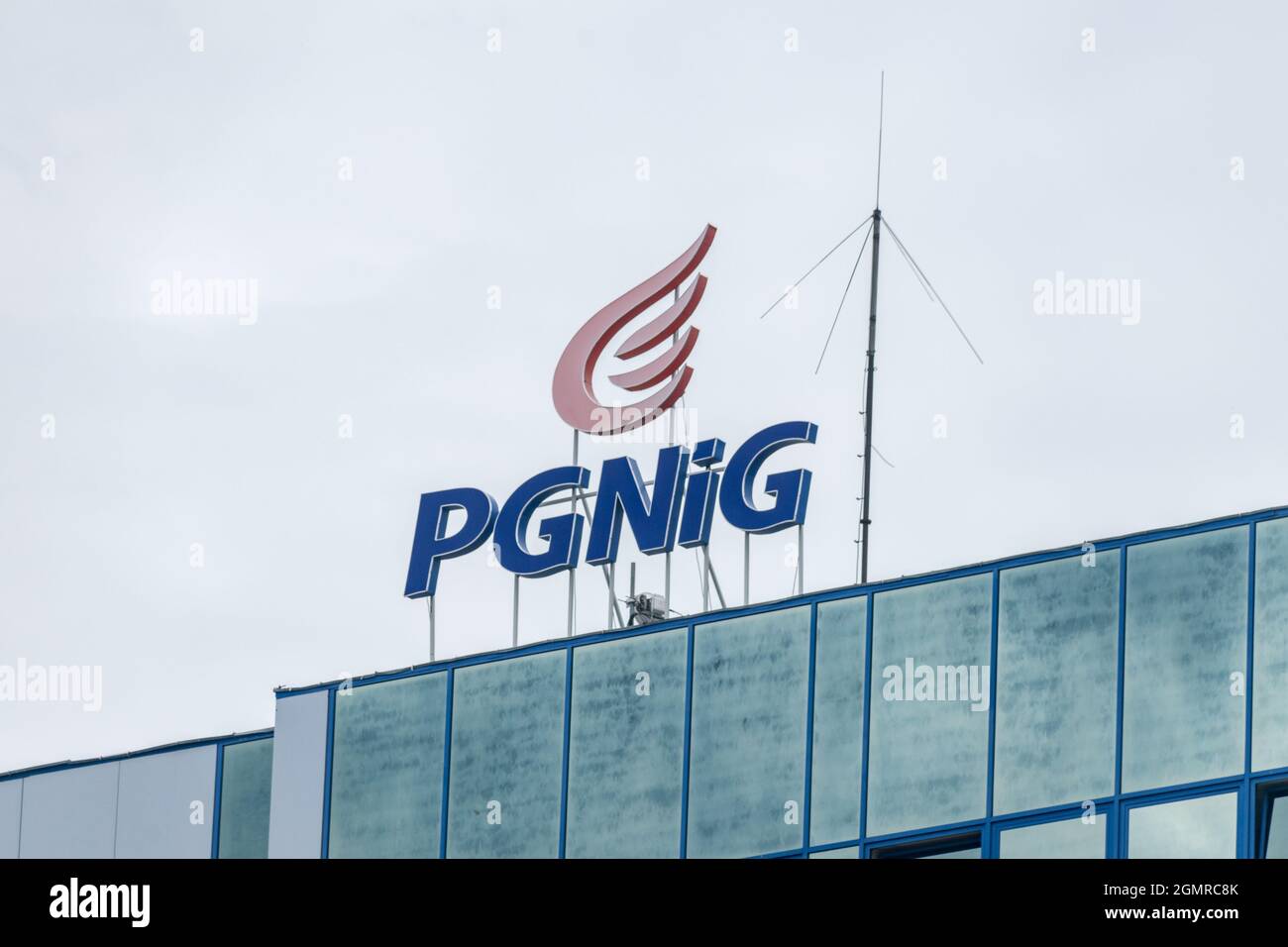 Zielona Gora, Poland - June 1, 2021: Logo and sign of PGNiG. PGNiG is Polskie Gornictwo Naftowe i Gazownictwo S.A. (English: Polish Oil Mining and Gas Stock Photo