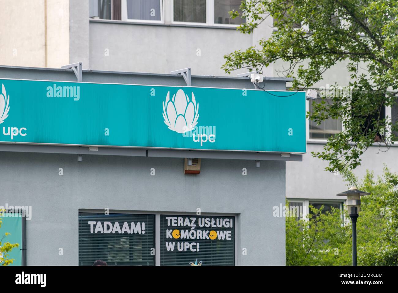 Zielona Gora, Poland - June 1, 2021:Logo and sign of UPC on the top of ...
