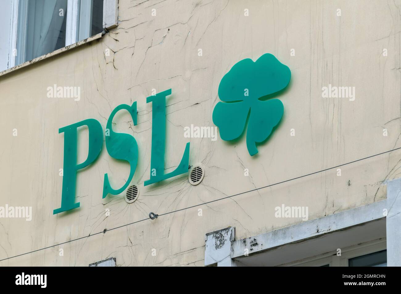 Zielona Gora, Poland - June 1, 2021: Sign and logo of PSL. PSL is Polish People's Party (Polish: Polskie Stronnictwo Ludowe). Stock Photo