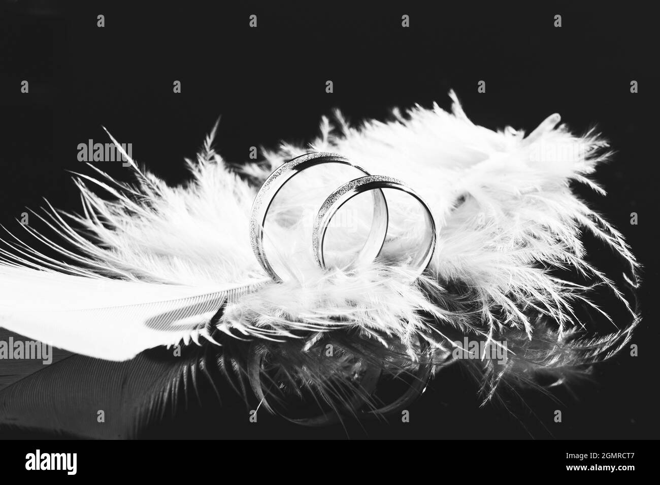 Two Wedding Rings and Feather,background for marriage. wedding rings on a black background with feathers. Love and wedding concept. Stock Photo