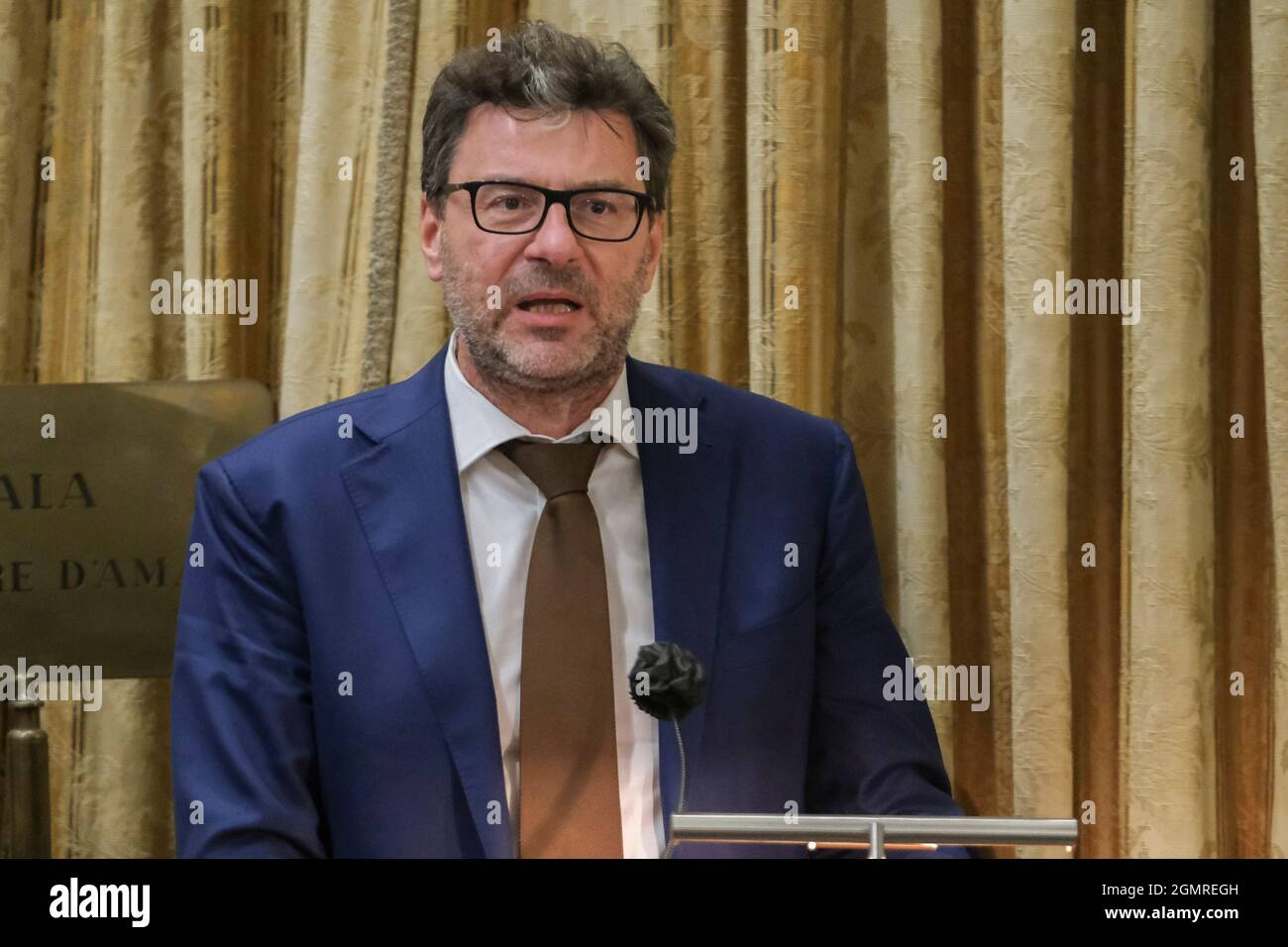 Italian Economic Development Minister Giancarlo Giorgetti in the Draghi  government and deputy federal secretary of the Lega , in Naples for a  meeting promoted by the Fondazione Mezzogiorno Europa at the Unione