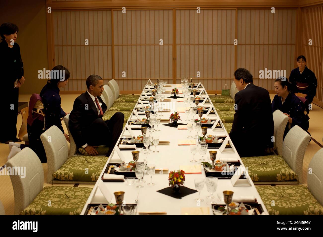 President Barack Obama dines with Japanese Prime Minister Yukio Hatoyama at Kantei, the Prime Minister's office and official residence in Tokyo, Japan, Nov. 13, 2009.  (Official White House Photo by Pete Souza) This official White House photograph is being made available only for publication by news organizations and/or for personal use printing by the subject(s) of the photograph. The photograph may not be manipulated in any way and may not be used in commercial or political materials, advertisements, emails, products, promotions that in any way suggests approval or endorsement of the Preside Stock Photo