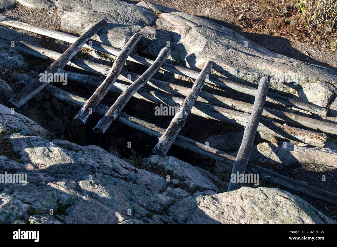 Abandoned adits of the Finnish defense line, Mount Hiidenvuori, Kaleria Stock Photo