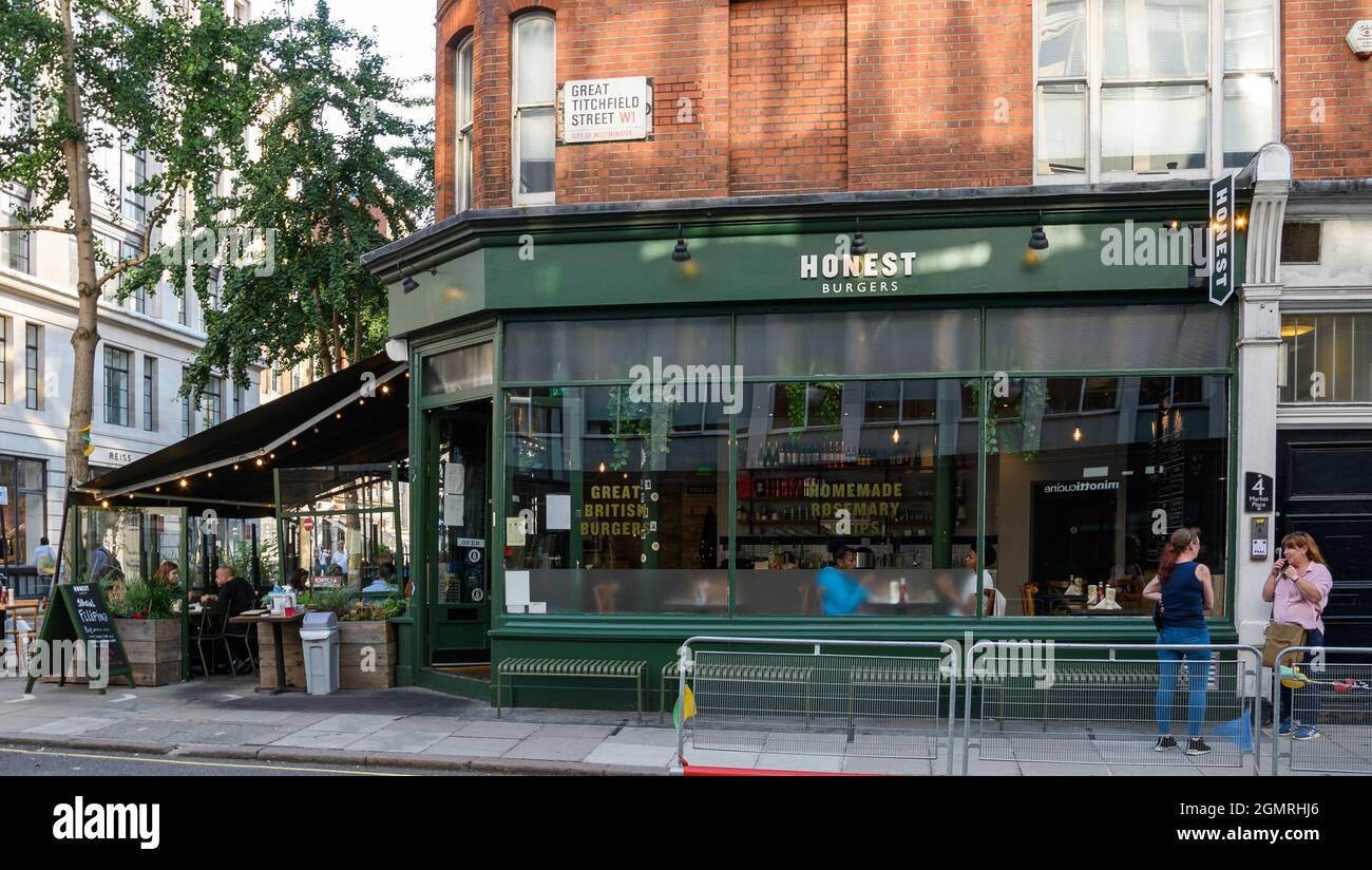 London, United Kingdom - August 10 2021:  The frontage of Honest Burgers Restaurant in Great Titchfield Street Stock Photo