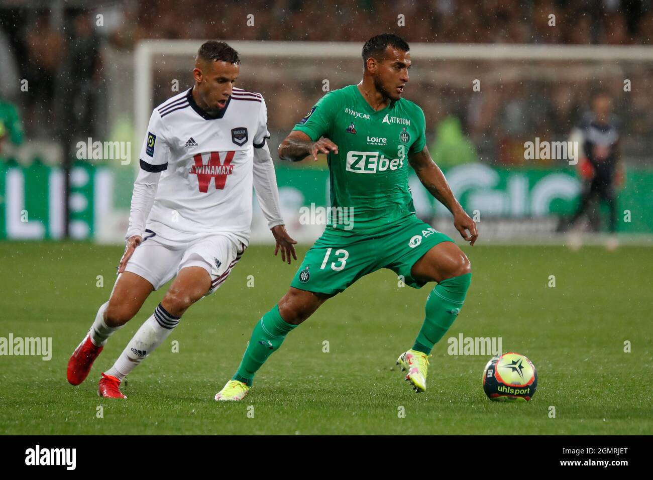 Miguel TRAUCO of Saint Etienne and Mehdi ZERKANE of Bordeaux during the  French championship Ligue 1 football match between AS Saint-Etienne and FC  Girondins de Bordeaux on September 18, 2021 at Geoffroy-Guichard